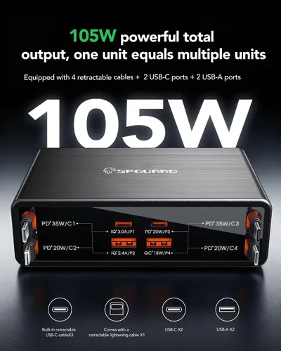 Vista 4 de Cargador retráctil 8 en 1 para múltiples dispositivos, estación de carga de 105 W con cables retráctiles, cargador USB C enchufe de pared GaN Usbc