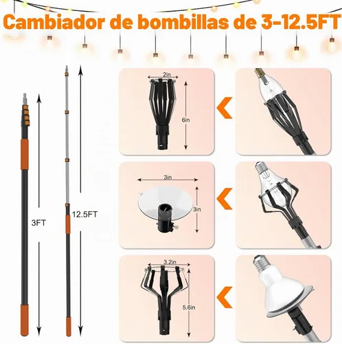 Vista 3 de Buyplus Cambiador de bombilla de alcance de 18.5 pies para techos altos con poste de extensión telescópico de 3 a 12.5 pies, extensión de poste