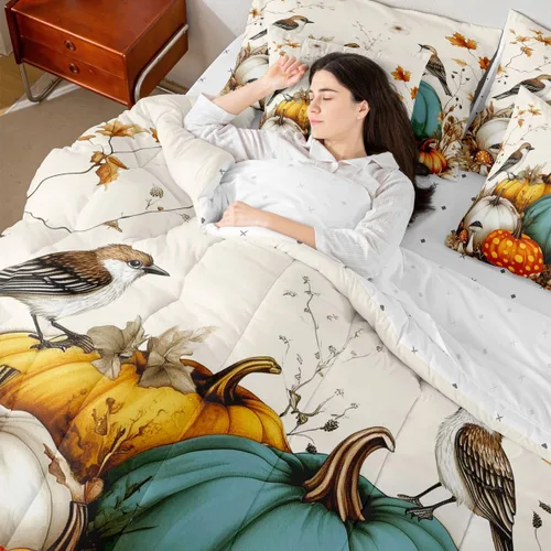 Vista 7 de Feelyou Fall Pumpkin Comforter Set with Sheets 7 Piece Twin Size Autumn Bed in a Bag Kids Boys Girls Pumpkin Maple Leaf Bedding Set Hummingbird Beig