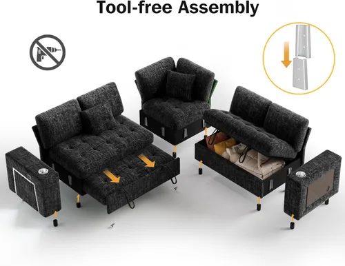 Vista 4 de Vipbear Sofá cama modular de 86 pulgadas con cama extraíble, sofá en forma de L de felpilla de 5 asientos con puertos USB, portavasos, mesa Negro