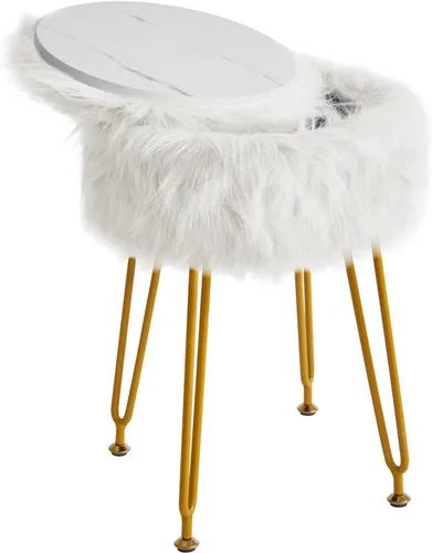 Vista 10 de IBUYKE Taburete rectangular de piel sintética con almacenamiento, color blanco WBD022W Furry Makeup Chair Ottoman Soft Padded Seat Round Footrest