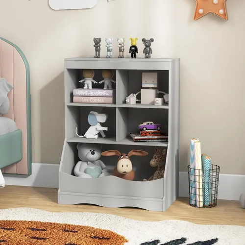 Vista 9 de HONEY JOY Organizador de almacenamiento de juguetes para niños con estantería, armario de almacenamiento de organización de 4 compartimentos