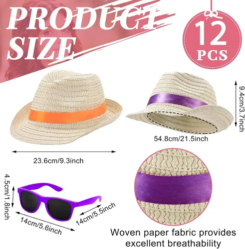 Vista 2 de Newcotte Sombreros de fiesta, sombreros de paja, sombrero Fedoraa a granel, sombreros de fiesta cubanos de la Habana con gafas de sol hawaianas