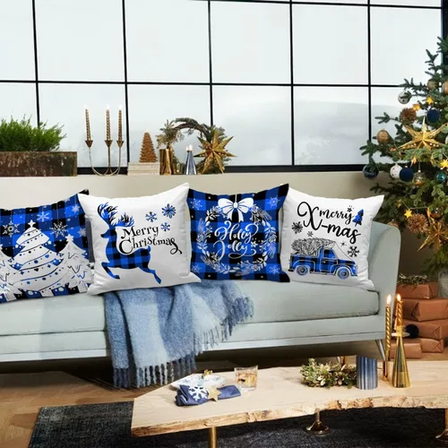 Vista 8 de Lanpn Juego de 4 fundas de almohada navideñas de 16 x 16 pulgadas, fundas decorativas de Navidad de 16 x 16 pulgadas, fundas de almohada a cuadros