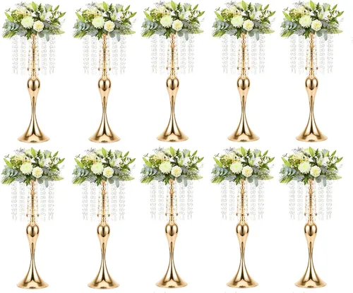 Vista 15 de Centros de mesa de boda para mesas, 21.3 pulgadas, 2 jarrones de metal dorado con cristal Soporte de flores para centros de mesa de boda