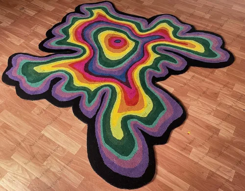 Vista 12 de Alfombra de forma irregular con patrón de ilusión copetuda a mano, 100% lana, hecha a mano (color multicolor, 4 x 4 pies)