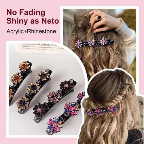 Vista 2 de 4 piezas de pinzas de pelo con cristales brillantes trenzadas para niñas, 2025 pinzas de pelo para mujeres, pinzas de pelo para cabello fino, grueso