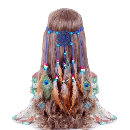 Vista 7 de Zhiheng Bohe - Diadema de plumas hippie con atrapasueños para niñas y mujeres, accesorios para el cabello de carnaval (borgoña)