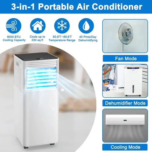Vista 2 de GOFLAME Aire acondicionado portátil, potente unidad de CA de 8000 BTU con control remoto y 4 ruedas universales, enfriador de aire 3 en 1
