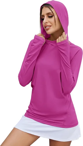 Vista 11 de LUYAA - Sudaderas con capucha para mujer, protección solar UPF 50+, transpirables, elásticas, para senderismo, manga larga, para correr Beige