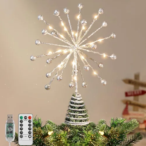 Vista 12 de Lewondr - Estrella para punta de árbol de Navidad, alimentación USB, control remoto, diseño hexagonal multicapa de 11 pulgadas, 8 modos de luz