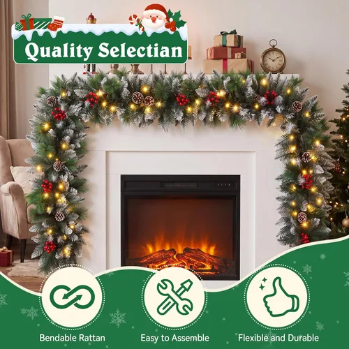 Vista 10 de Guirnalda de Navidad, Guirnalda de Navidad con Luces, Decoración de Navidad, 9 pies/2.7M, para Repisa de Chimenea, Hogar, Escaleras, Chimenea, Verde