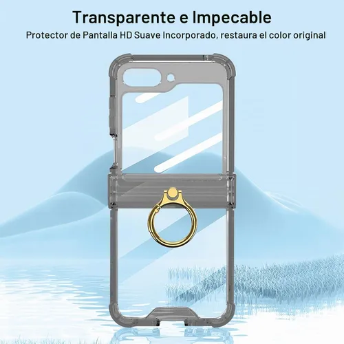 Vista 3 de Funda transparente para Samsung Galaxy Z Flip 6, protección de bisagra de lujo con soporte de anillo y protector de pantalla, funda suave todo Negro