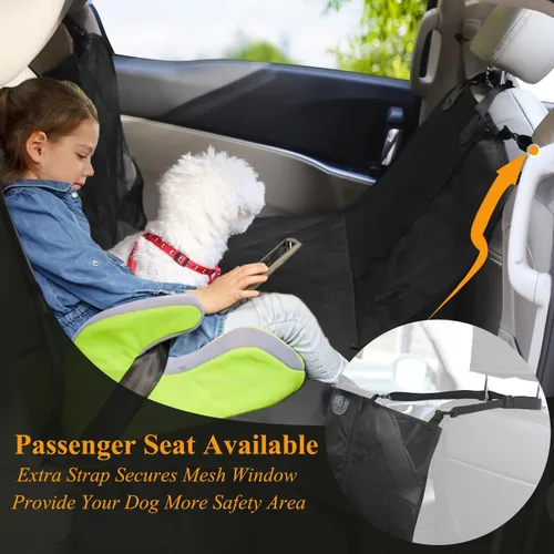 Vista 4 de VIVAGLORY Funda de asiento de perro para asiento trasero, ventana visual de malla con correa adicional y hebillas para mayor seguridad, fundas