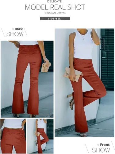 Vista 5 de Sidefeel - Pantalones de mezclilla con cintura elástica y parte inferior acampanada para mujer, dobladillo de bota