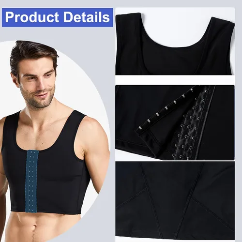 Vista 5 de Chaleco de compresión para hombre, fajas de entrenamiento para hombre, soporte de espalda, ginecomastia Negro