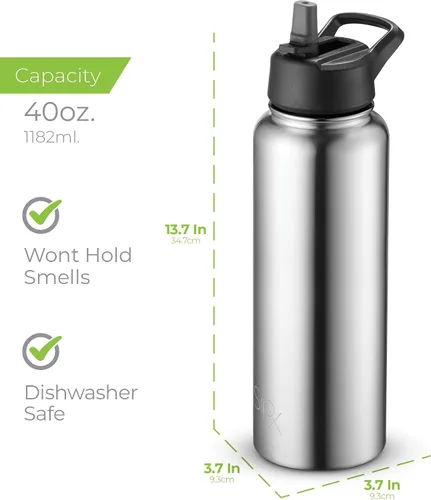 Vista 99 de SIPX™ Botella de Agua Aislada de 18 oz con 3 Tapas – Acero Inoxidable a Prueba de Fugas, Triple Aislamiento – Frío 24 Horas/Caliente 12 Horas – Negro