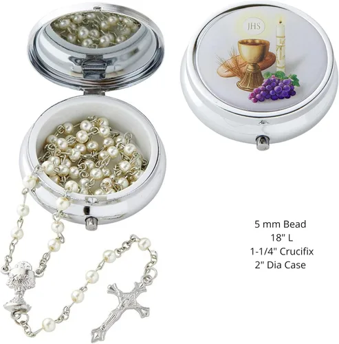 Vista 6 de Juego de regalo religioso de la Primera Comunión, soporte de joyería en tono plateado y collar de cuentas de oración blanca, rosario de recuerdo