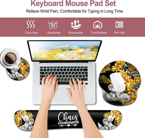 Vista 3 de Alfombrilla de mouse con soporte para muñeca, almohadilla ergonómica de gel para bebé, elefantes con girasol, juegos de escritura fáciles