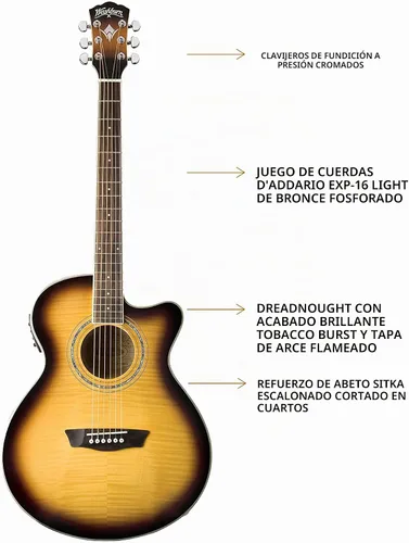 Vista 6 de Washburn Festival EA15 Mini Jumbo Cutaway, guitarra eléctrica acústica, ráfaga de tabaco Parte superior de arce figurada; Mini corte gigante