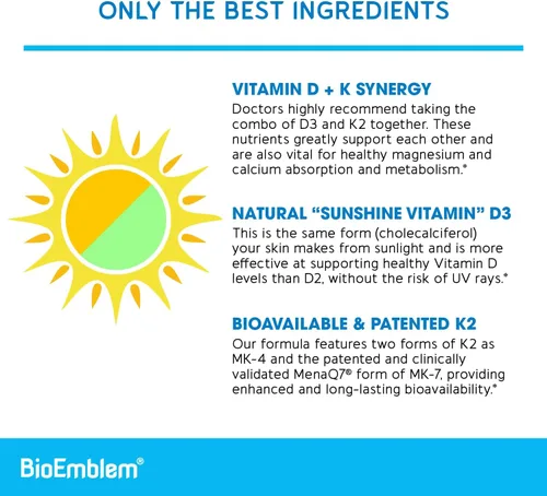Vista 4 de BioEmblem Cápsulas de vitamina D3 K2 (5000IU y 200 mcg) – MK7 y MK4 patentadas para apoyo complejo 3 en 1 – Suplemento vegetariano de vitamina D K2