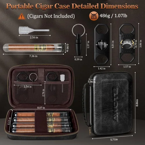 Vista 2 de Estuche Humidificador de Puros de Viaje, Bolsa Portátil para Puros con 4 Tubos para Puros, Estuche de Cuero para Puros Incluye Cortador Recto