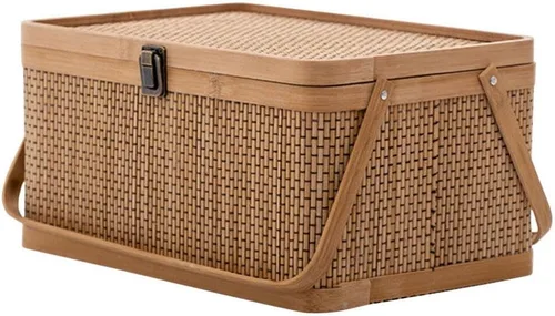 Vista 5 de Alipis Cesta de bambú con tapa, cesta de picnic de bambú con tapa y asa, cesta de almacenamiento tejida, cesta de pan de frutas, organizador