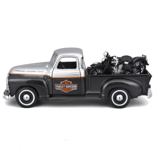 Vista 4 de Maisto 1:24 Harley Davidson '48 FL Panhead + 1950 Chevrolet 3100 Pickup Juego de vehículos fundidos a troquel