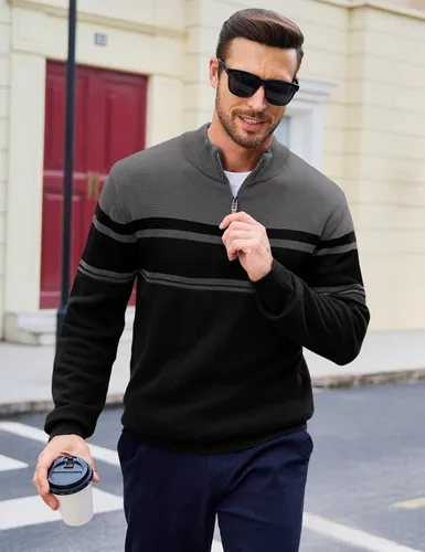 Vista 50 de MAGCOMSEN Suéteres de algodón con cremallera de 1/4 para hombre, suéter tipo polo, a rayas, para otoño e invierno, sudaderas cálidas