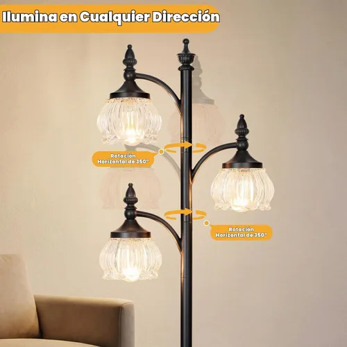 Vista 5 de JUNNAI Lámparas de pie negras para sala de estar, lámparas de pie de 66.5 pulgadas con pantalla de cristal, luces de brillo de 3 vías, lámpara