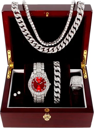 Vista 2 de Charles Raymond Reloj de hombre con números romanos y carátula de color recubierto con cristales grandes que imitan diamantes Pulsera de cadena
