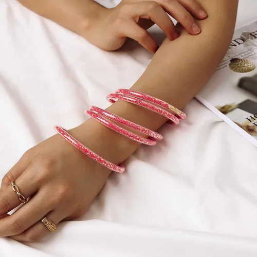 Vista 4 de Sakytal Pulsera de gelatina con purpurina y lazo, juego de pulseras de silicona apilables, con relleno de gelatina brillante para mujeres y niñas