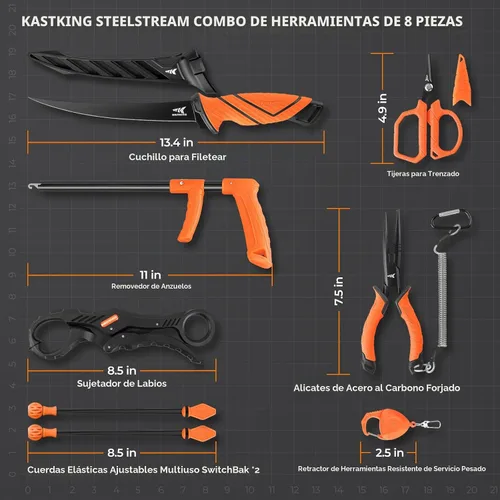 Vista 7 de KastKing SteelStream - Kit de herramientas de pesca de 8 piezas, alicates de pesca con cordón, cuchillo de filetear, pinza flotante para peces