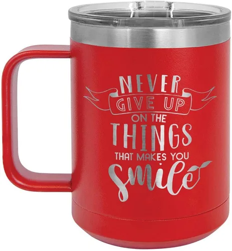Vista 6 de Nunca renuncies a las cosas que hacen sonreír, taza de café negra de 15 oz con tapa superior deslizante, taza de café de viaje aislada, regalo