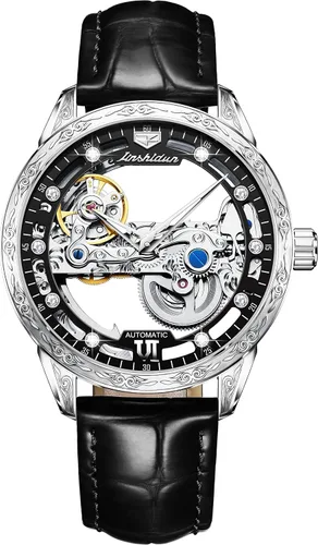 Vista 2 de Relojes de cuero de esqueleto para hombre, vestido de lujo automático, mecánico, automático, impermeable, luminoso, relojes de pulsera