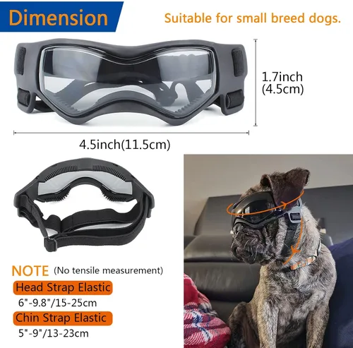 Vista 2 de Gafas de sol para perros pequeños, protección contra los rayos UV, el viento y el polvo con correa ajustable (negro)