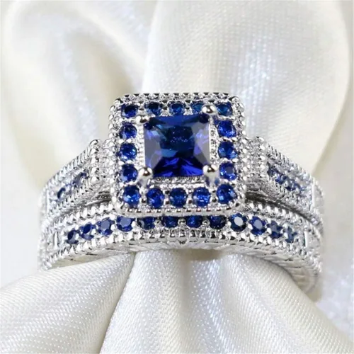 Vista 4 de Ai.Moichien Anillos de compromiso de boda con topacio azul y diamantes de imitación