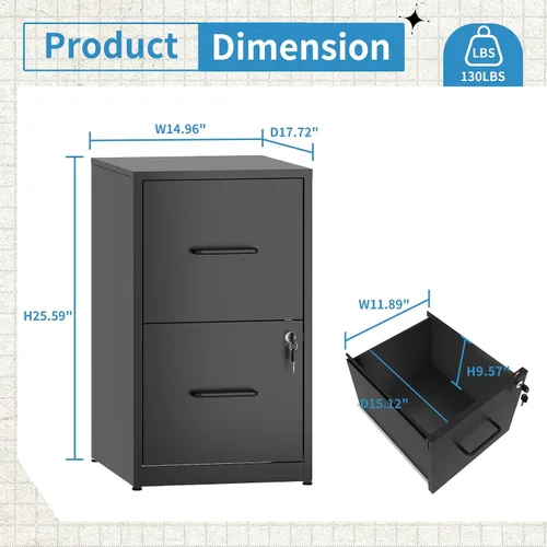 Vista 2 de Archivador de 2 cajones con cerradura, archivadores verticales de metal para oficina en casa, muebles de oficina para organización colgante, Negro