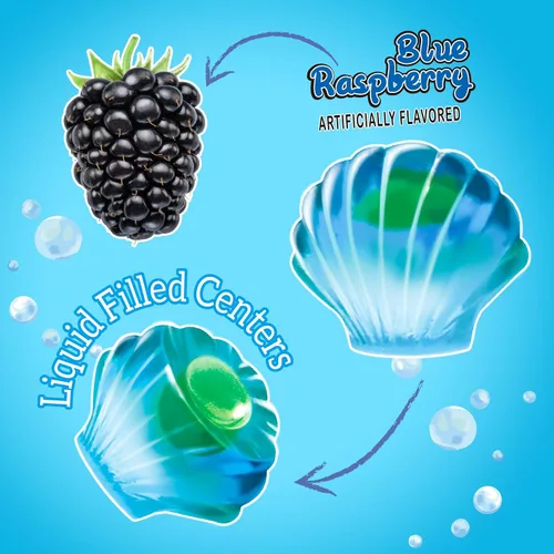 Vista 4 de Dulces de gomita 4D de sirena Amos, sabor a frambuesa azul, paquete de Navidad de 9 onzas envueltos individualmente para compartir, mini paquetes