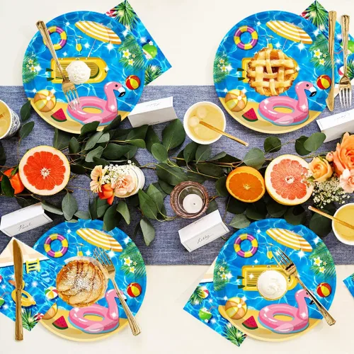 Vista 6 de 40 piezas de suministros para fiesta de playa, pelota de playa, piscina, platos de fiesta de verano de 7 pulgadas, platos de papel para piscina