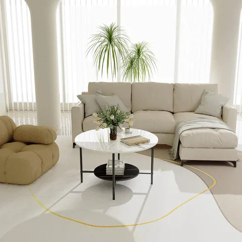 Vista 2 de Wisfor Mesa de centro de mármol para sofá de mesa: mesa central redonda de piedra sinterizada blanca de 2 niveles con Fram negro para sala de estar