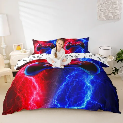 Vista 39 de Juego de funda de edredón con diseño de videojuegos para niños, tamaño individual, negro y azul a cuadros, juego de ropa de cama moderna