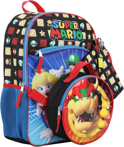 Vista 4 de Bioworld Kids Super Mario Brothers - Juego de mochila y lonchera de 5 piezas Azul