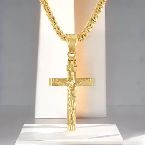 Vista 4 de Collar con dije de cruz de oro de 14 quilates, collar de cruz de 0.157 pulgadas (0.157 in) para hombres, esposo fino para dijes, eslabones cubanos