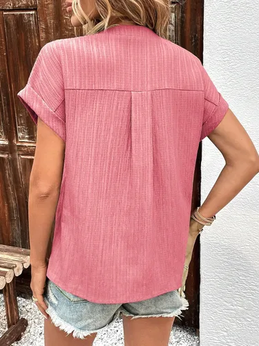 Vista 2 de Floerns Blusa de trabajo de manga corta con cuello en V y medio botón frontal para mujer