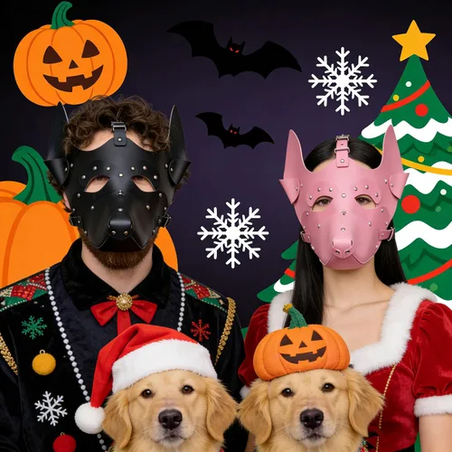 Vista 7 de Máscara de piel para cachorros con tachuelas y orejas para Halloween y Navidad Negro