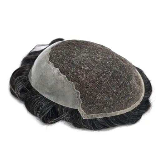 Vista 3 de Toupee para hombres, sistema de reemplazo de cabello humano Remy, nudos blanqueados, encaje frontal, piel fina, para hombre, color gris, pelucas