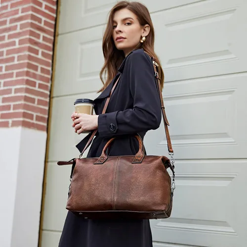 Vista 2 de Iswee - Bolso de hombro de cuero genuino, bolso tote con diseño de morral, con asa superior, bolso de gran capacidad, bolso cruzado