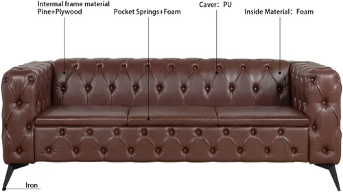 Vista 4 de Sofá Chesterfield de 84 pulgadas, piel sintética, cojín extraíble tradicional con brazo cuadrado de 3 plazas, ribete de botón copetudo con patas