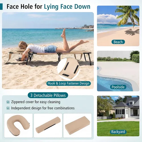 Vista 5 de Goplus Silla bronceadora, silla de playa plegable con orificio para la cara, almohada extraíble, capacidad de 350 libras, correa de transporte